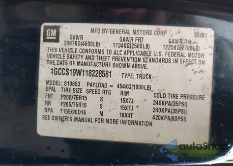 2001 Chevrolet S-10 Ls из США, поврежденный, VIN 1GCCS19W118228581